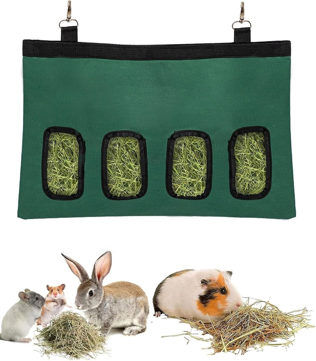 Hooizak voor konijnen en kleine dieren, hangvoerdispenser met 4 ramen, ideaal voor hooi en voeding