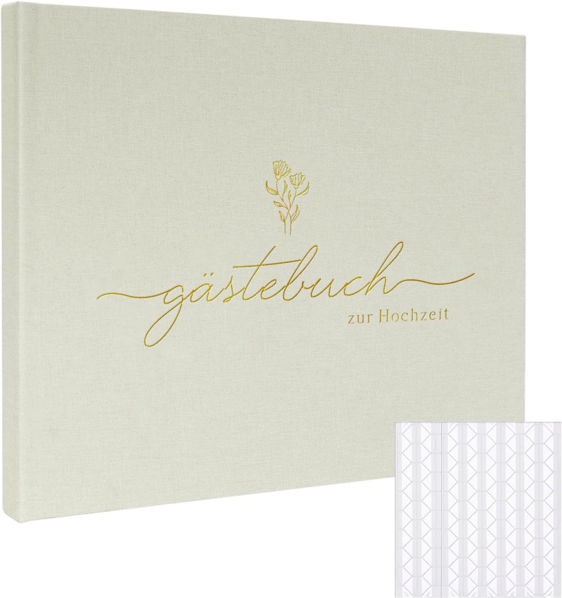 SnelShoppen - Linen Gastenboek voor Bruiloft, 100 Pagina's Premium Papier, 50 Lege en 50 Lijnen, Zelfklevende Fot hoeken, Vintage Ontwerp met Gouden T