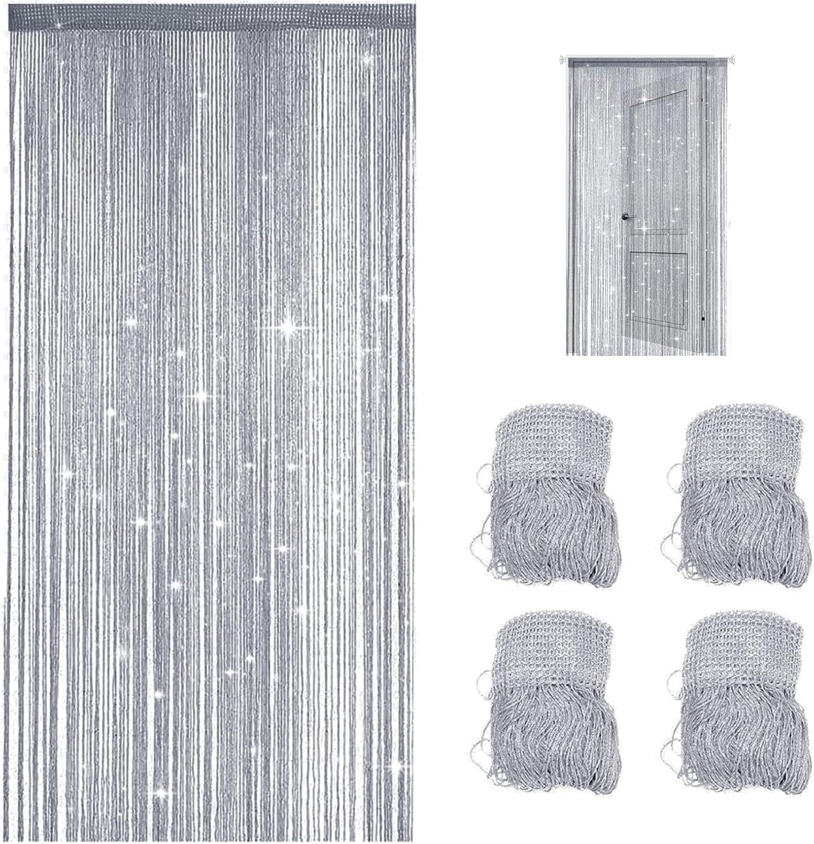 SnelShoppen - 4 Stuks Draadgordijn Deurgordijn 100 x 200 cm Glitter Insectenbescherming Ruimteverdeler Parelgordijn voor Bruiloften Cafés Restaurants