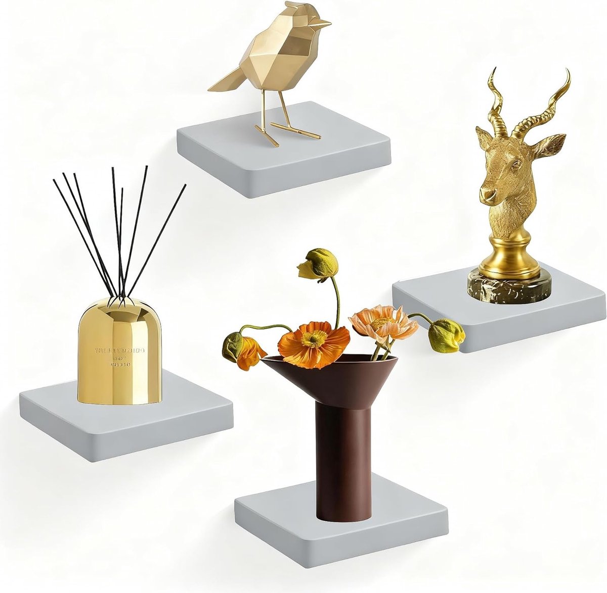 Set van 4 Zwevende Wandplanken van Massief Hout, Decoratieve Planken voor Badkamer, Slaapkamer en Keuken – Grijs