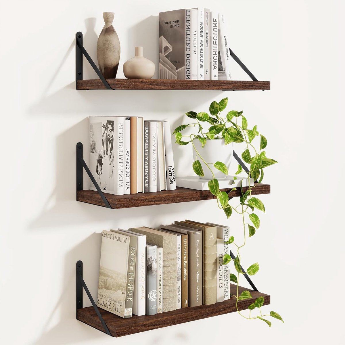 Zwevende Wandplanken Set van 3 - Multifunctionele Planken voor Keuken, Badkamer en Woonkamer (Walnoot, 40 x 15 cm)