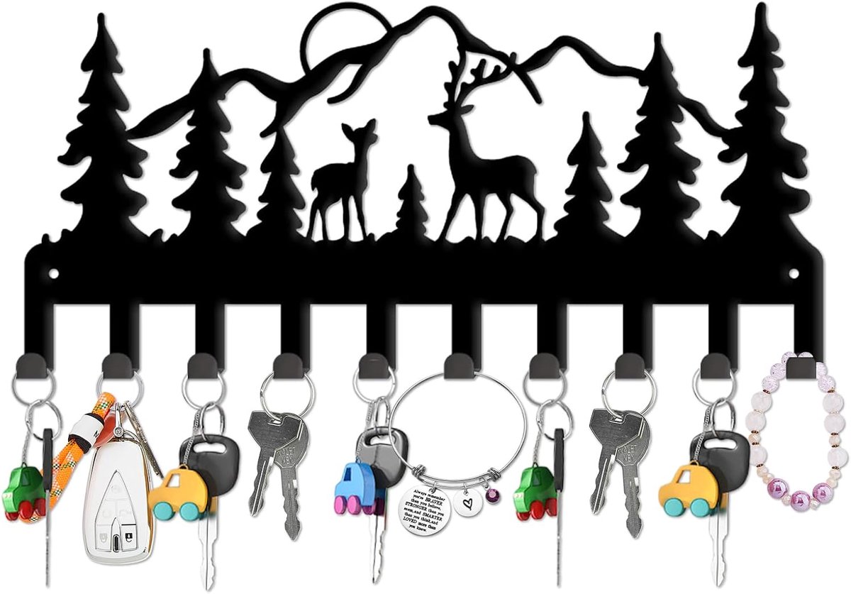 SnelShoppen - Decoratieve Sleutelhouder Met 10 Haken - Wandhaak Voor Sleutels, Tassen, Handdoeken - Rvs Zwart Mountain Elk Design 11.5x25cm