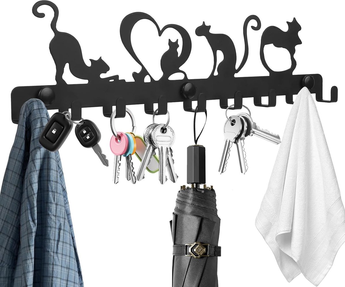 SnelShoppen - Sleutelhanger Muurbeugel met 9 Haken - Zwarte Sleutelhanger van Hoogwaardig Staal - Voor Keuken, Hal en Voordeur - Geen Boren Nodig - Sc