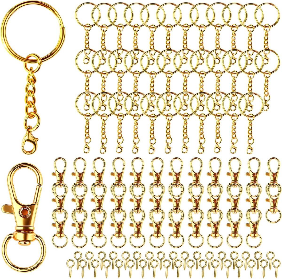 SnelShoppen - 105 Stuks Sleutelhangers met Ketting DIY Sleutelring Set, Goud, 35 Kettingsleutelhangers, 35 Schroefpennen, 35 Karabijnhaken voor Creati