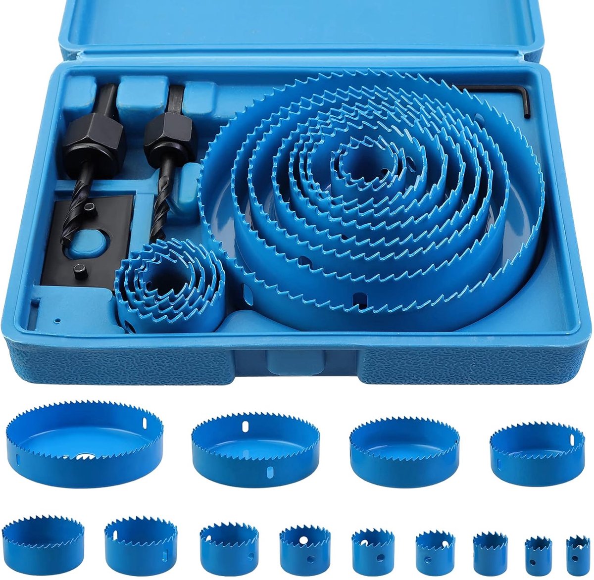 Thijox - 18 STKS Hole Saw Cutter Kit - HSS Boor Gereedschap voor Hout, Gipsplaat, Plastic, Non Ferro Metalen - 19-127mm - Blauw - Ideaal voor Klussen