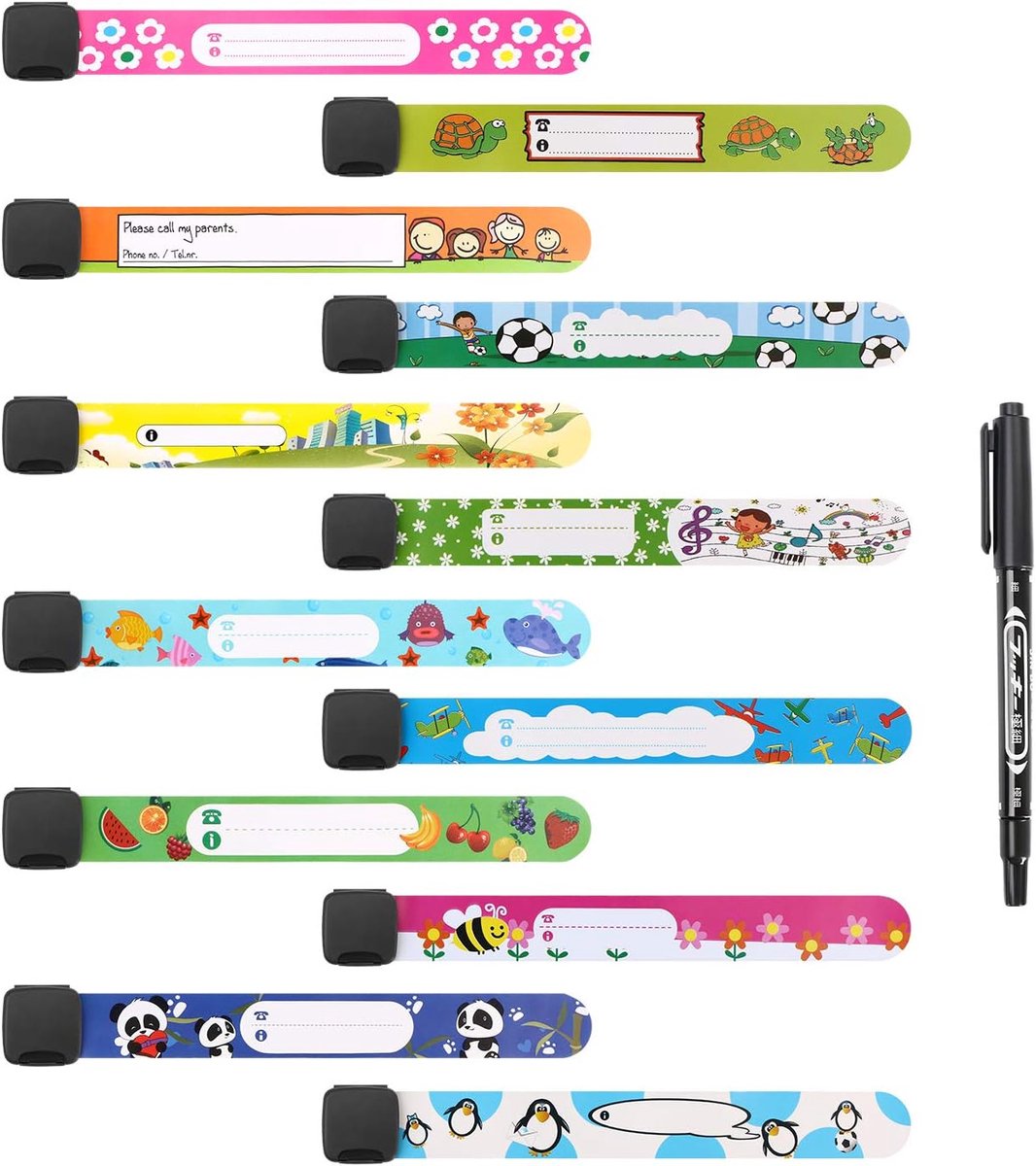 SnelShoppen - 12 Stuks Veiligheidsarmbanden Set voor Kinderen, Waterdicht en Herbruikbaar, SOS Anti-verlies met Pen, Voor Jongens en Meisjes, Peuters