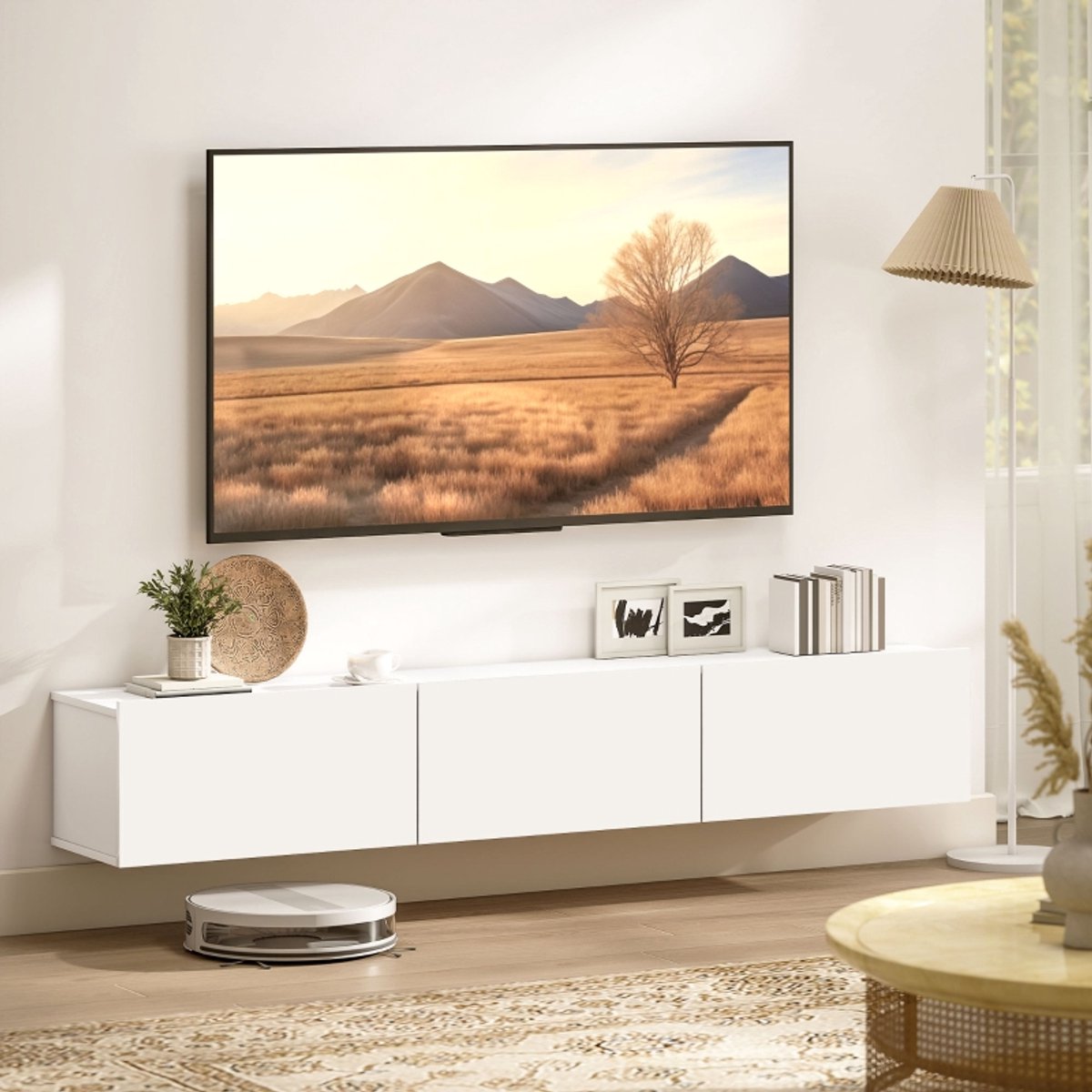 Pugsdrly Zwevende tv-kast, wandmontage, 3 lades, veel opbergruimte, 180 cm, spaanplaat, wit