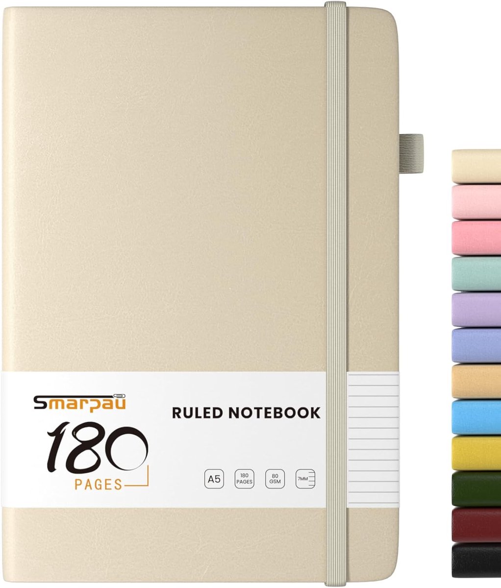 SnelShoppen - A5 Notitieboek, Hardcover, 180 Pagina's, Gelinieerd, 80gsm Papier, Dikke Journal, Beige, Ideaal voor Werk, Notities, Leren en Reizen