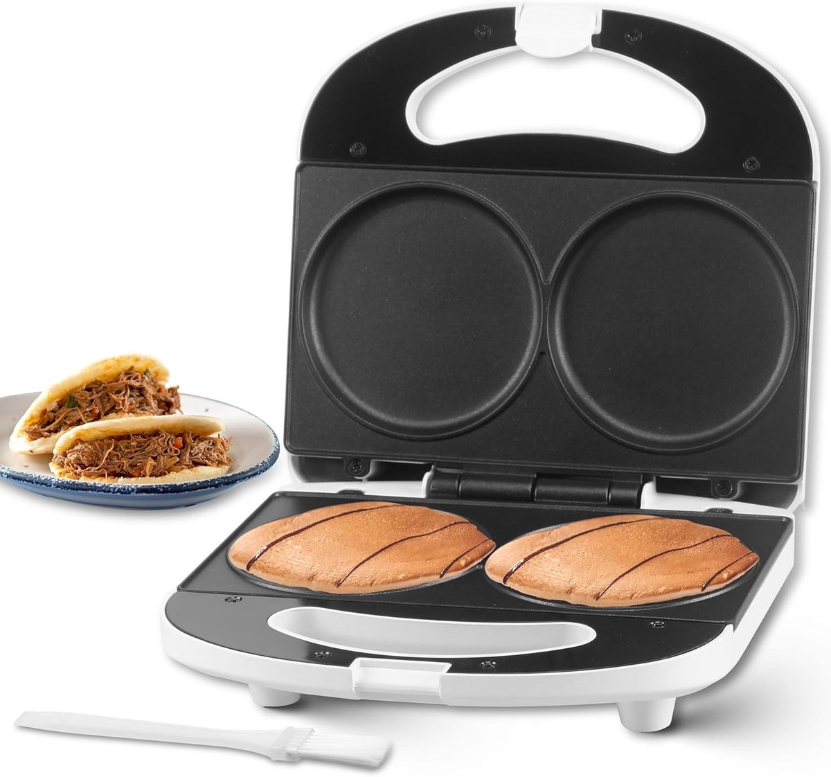 SnelShoppen - Mini Pancake Maker - Elektrische Dubbele Pannekoekenpan - Ideaal voor Pannenkoeken, Eieren, Cookies, Arepas & Ontbijtsandwiches - Wit