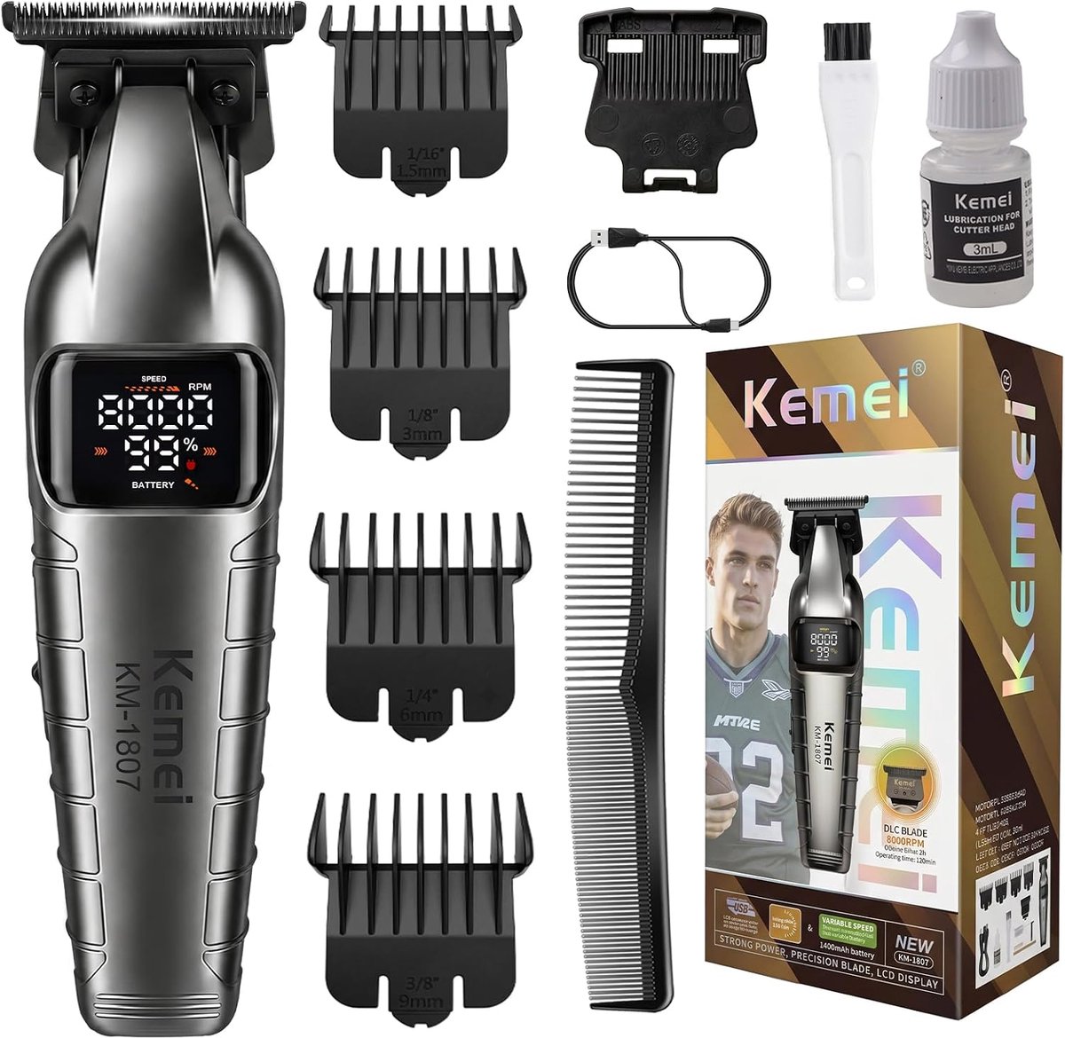 SnelShoppen - Professionele Tondeuse voor Heren - Elektrische Tondeuse 8000 RPM - Krachtige 2-Traps Motor - DLC T-Lemmet met LED-Display - Multifuncti
