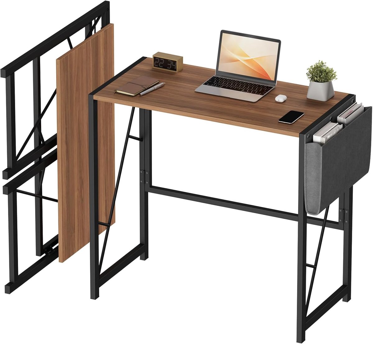 Inklapbaar Bureau 80x40 cm - Opvouwbare Computertafel voor Thuiswerkplek & Kleine Ruimtes - Compacte Laptoptafel met Opbergvak & Haken - Geen Montage - Rustiek Bruin & Zwart