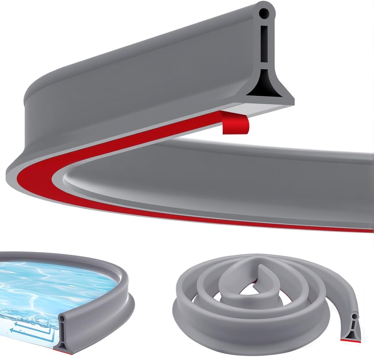 SnelShoppen - 2M Zelfklevende Doucheparapet 4cm Hoog Waterdichte Rand, Rubber Badkamervloerafwerking voor Douche, Keukensink, Badkuip, Grijs