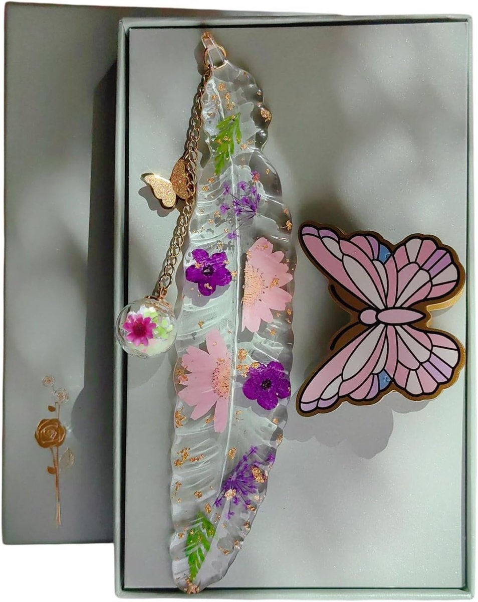 SnelShoppen - Handgemaakte Glimworm Boekenlegger met Echte Bloemen in Epoxy Hars, 14.5 cm, Gouden Accenten, Vlinder Boekclip, Perfect Geschenk voor Le