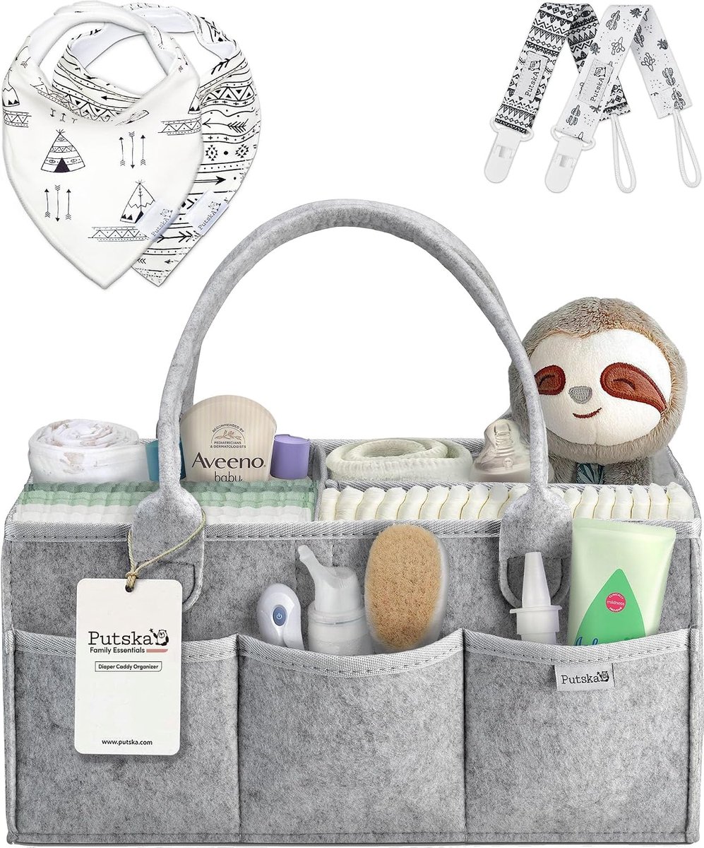 SnelShoppen - Baby Luier Organiser Caddy met Compartimenten en Accessoires - Grijze Opbergmand voor Babyspullen - Inclusief 2 Speenclips en 2 Bandana'