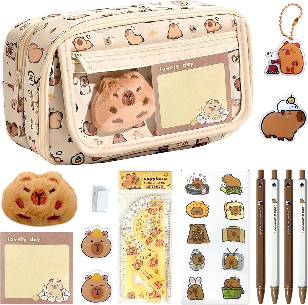 SnelShoppen - Capibara Stationery Set - Multifunctionele Pennenetui - Schattige Capybara Tekenetui - Cartoon Schooltas voor Studenten en Creatieve Gee