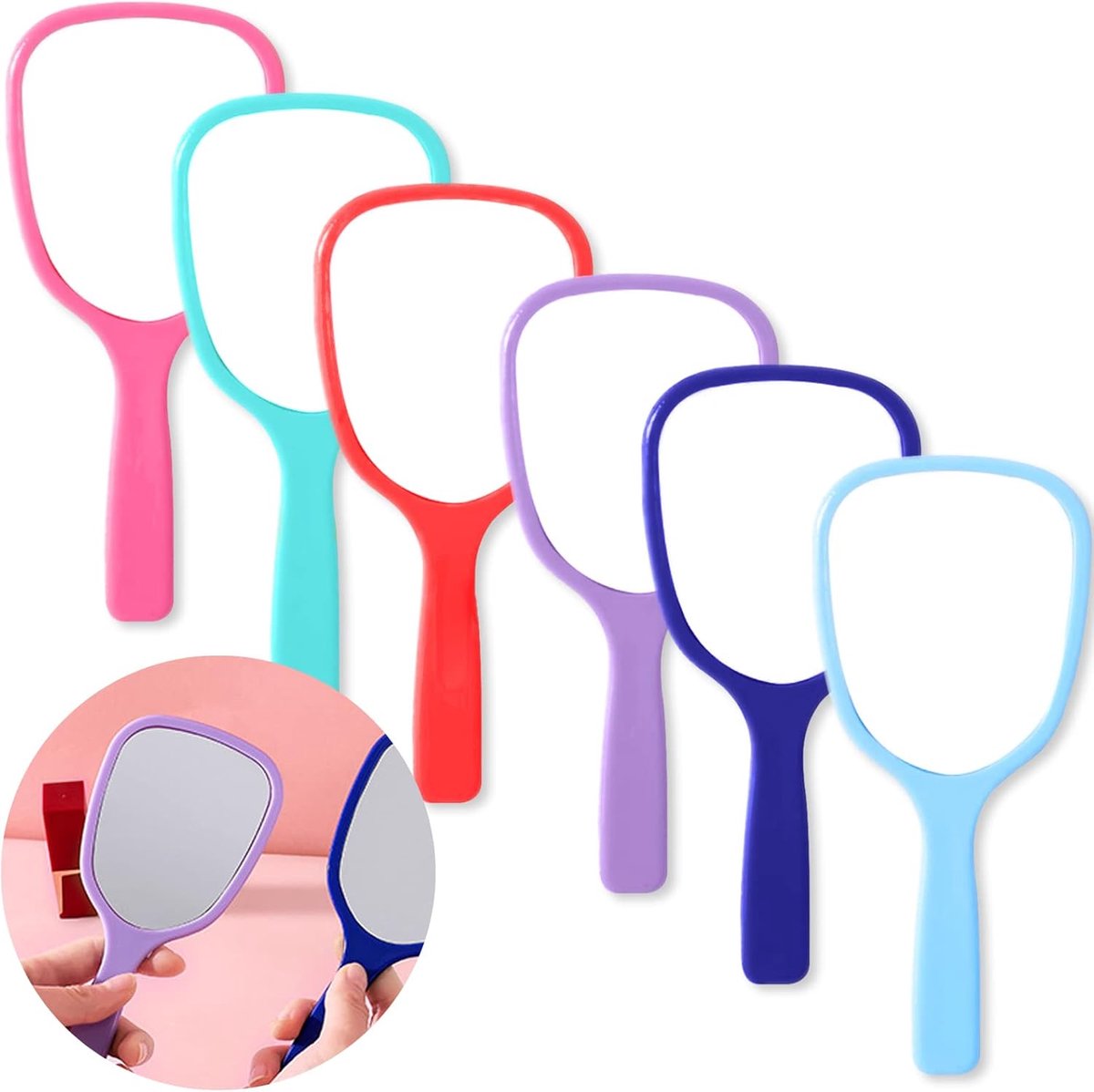 SnelShoppen - Makeup Handspiegels met Handvat, Reismirror, Draagbare Cosmetische Spiegel, 18 cm, 6 Kleuren voor Thuis, Camping, Feest, Kinderen