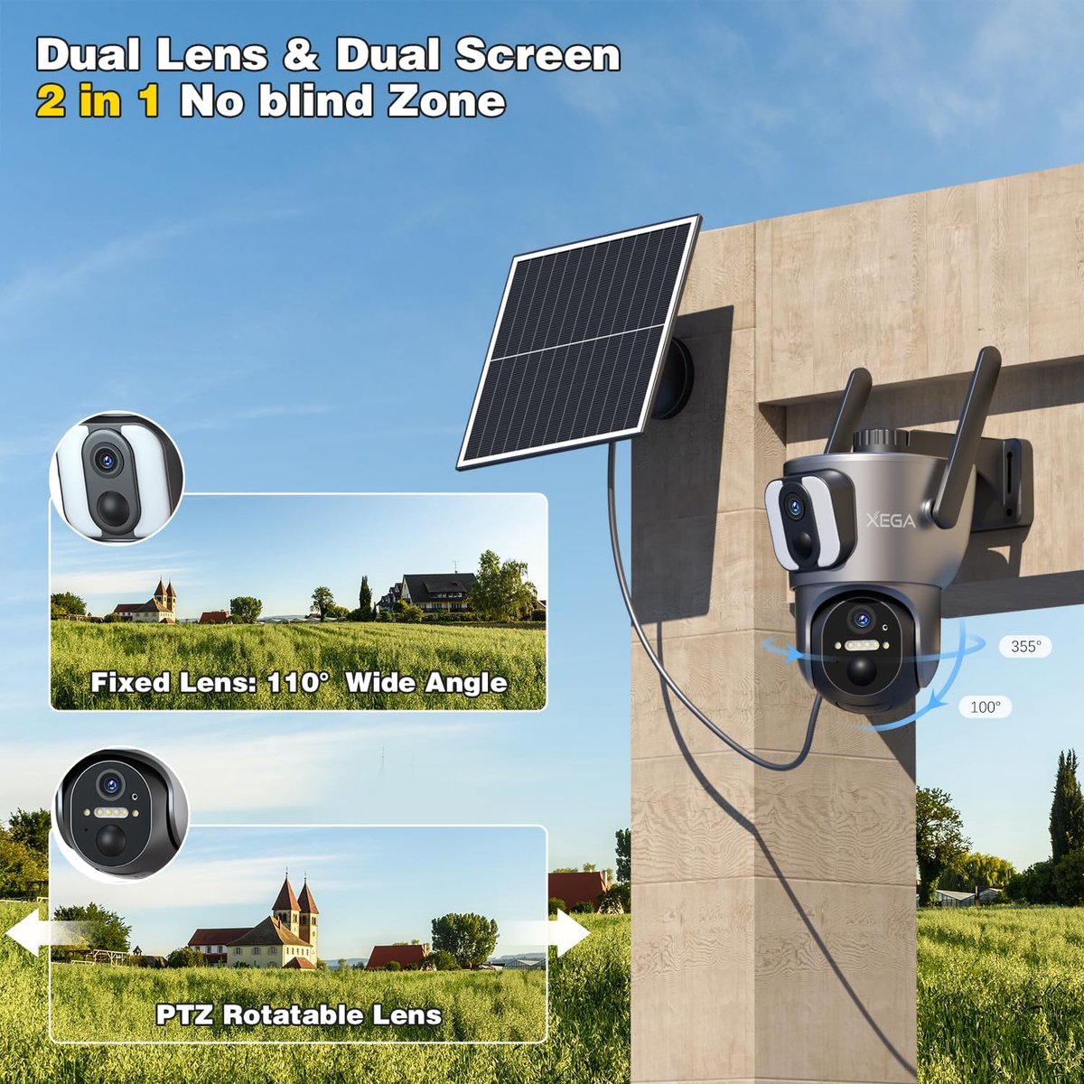 SnelShoppen - Dual Lens 4G Mobiele Beveiligingscamera Buiten met SIM Kaart, HD Video, Nachtzicht, Bewegingsdetectie, Weerbestendig, Voor Tuin, Camping