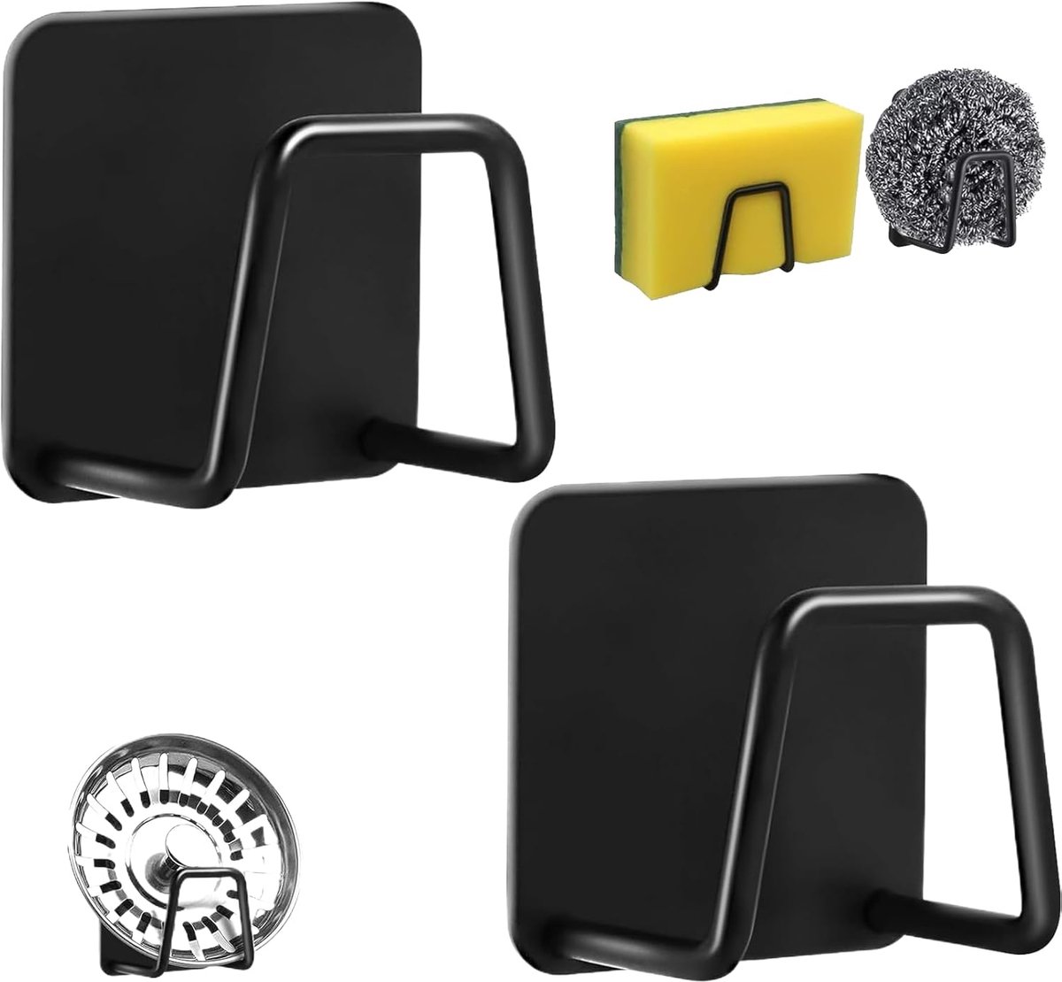SnelShoppen - 2 Stuks Zelfklevende Sponshouder voor Keuken Wastafel, Zwart RVS Houder met Afvoer, Organiseer je Keuken, Perfect voor Sanitair en Huish