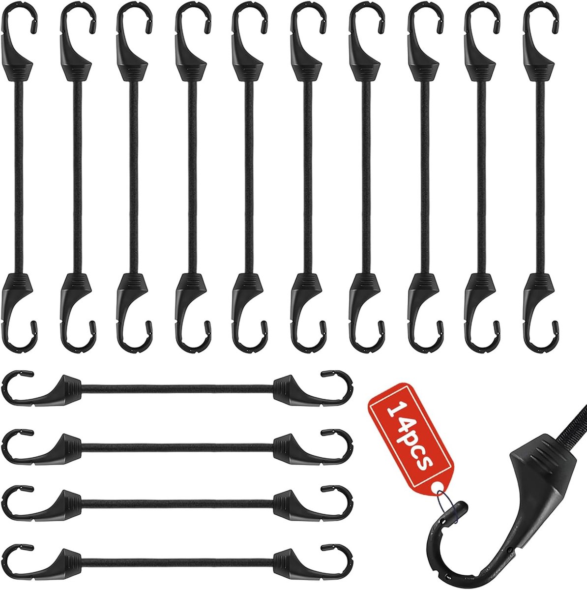 SnelShoppen - Tension Rubber met Haken, 14-delige Expander Set 15cm, Duurzame en Multifunctionele Waterproof Elastiek, Perfect voor Fiets, Truck, Auto