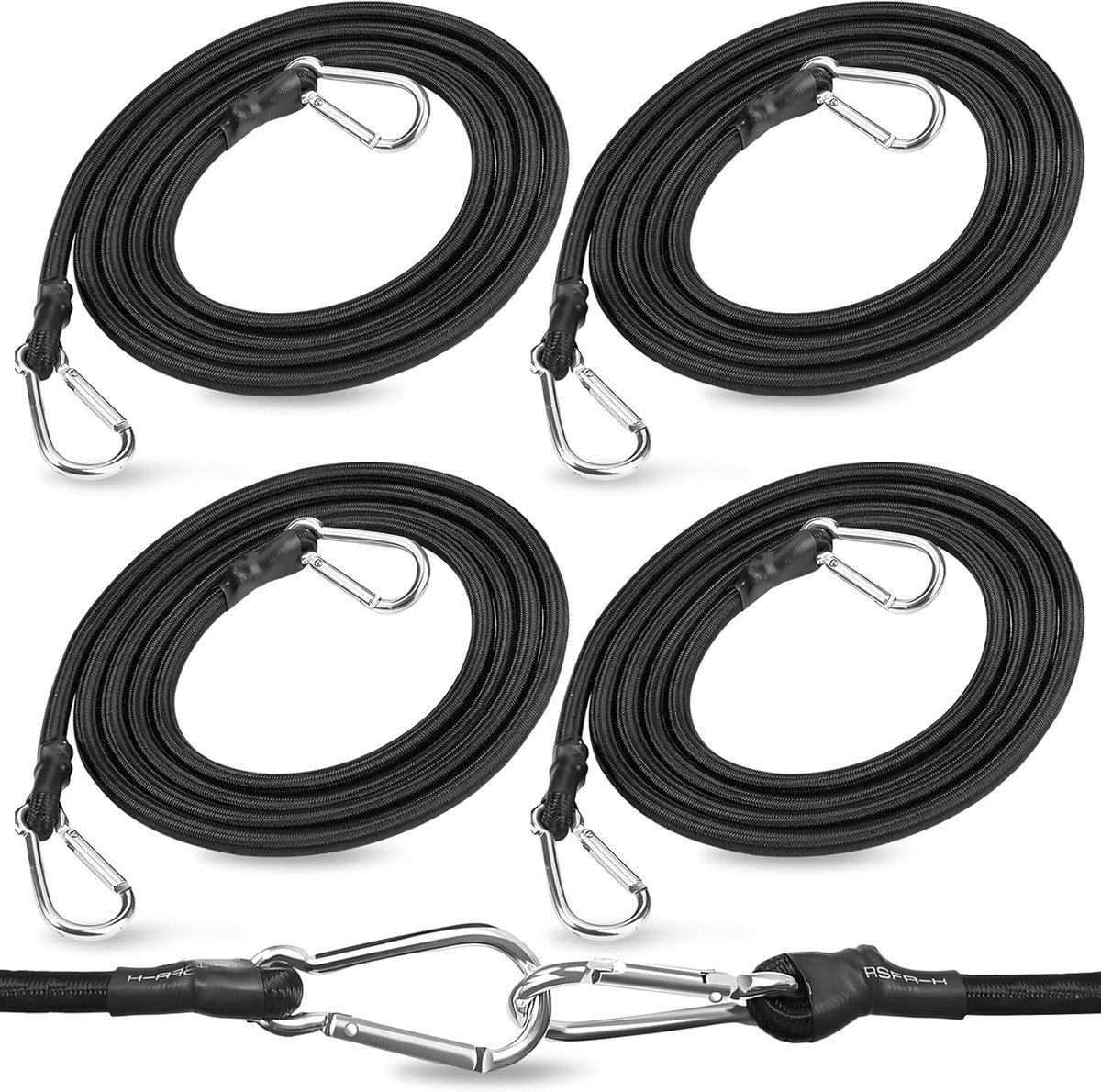 SnelShoppen - Set van 4 Expanders met Carabiner Haak 150 cm Zwart - Elastische Rubber Spangummi voor Bagage, Fietsen, Motoren, Campings