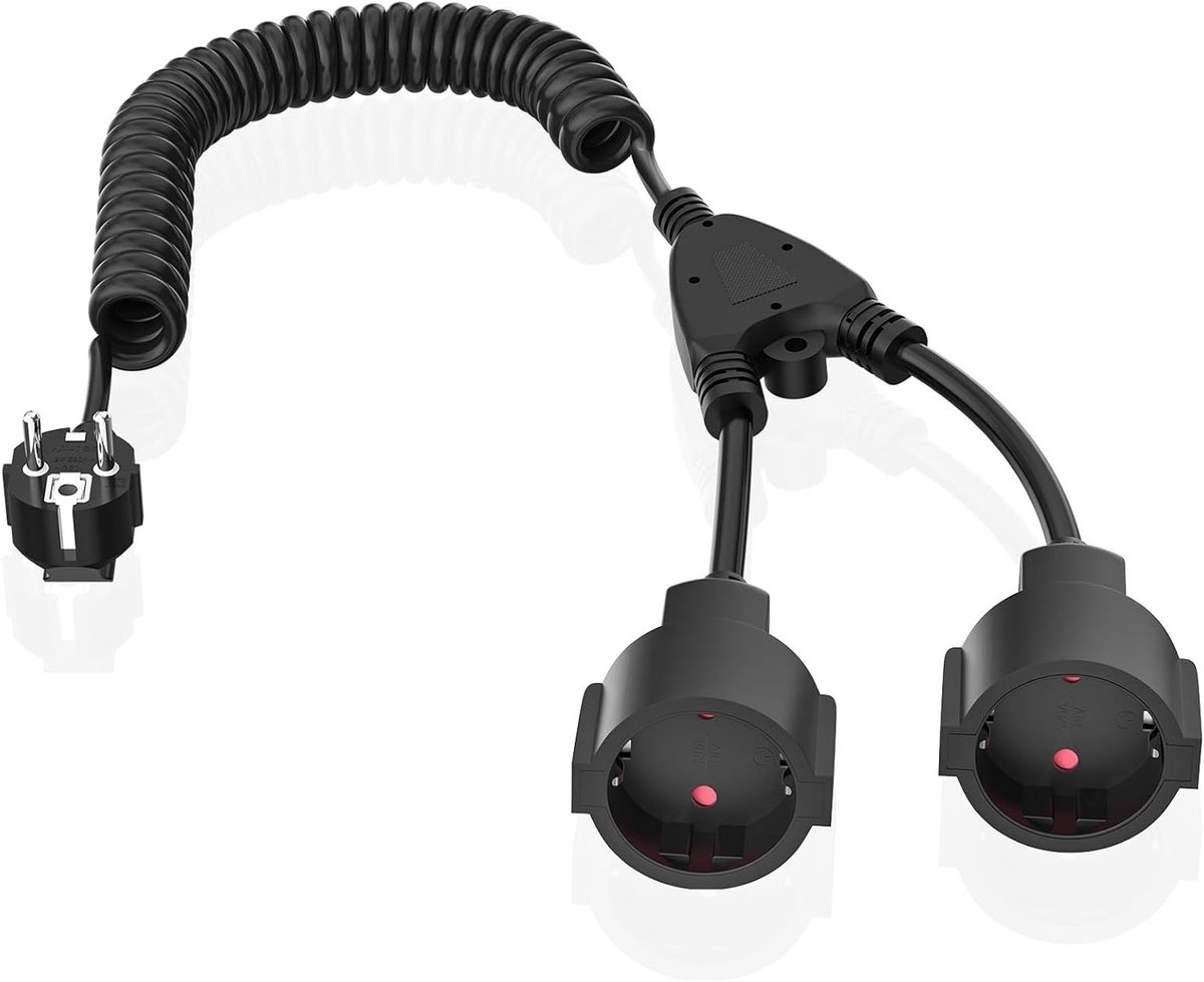 Verlengsnoer met 2 Schuko-aansluitingen, spiraalsnoer van 0,6 m tot 3 m, ideaal voor thuisgebruik, 230 V/16 A, zwart, perfect voor apparaten en accessoires
