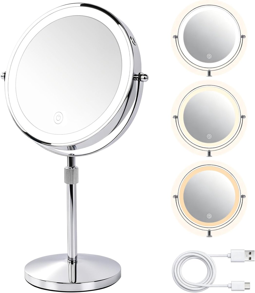 Thijox - Iklestar Vergrootspiegel Met Licht, Hoogte Verstelbaar, Dubbelzijdige 10x Make-upspiegel Met Verlichting, Oplaadbare LED Tafelspiegel Voor Bu