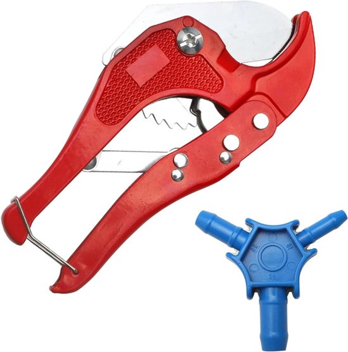 Buissnijder en kalibrator set voor PVC, kunststof en composietbuis - Rood slangenschaar - Tot 42mm snijcapaciteit - Blauw kalibrator 16 20 26mm