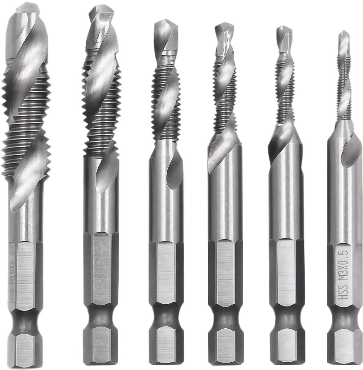 SnelShoppen - 6-delige Boorset met Hex Shank M3 M4 M5 M6 M8 M10 - RVS HSS Draadboor Set - Roestbestendig, Ideaal voor Metalen, Hout en Kunststof - Com
