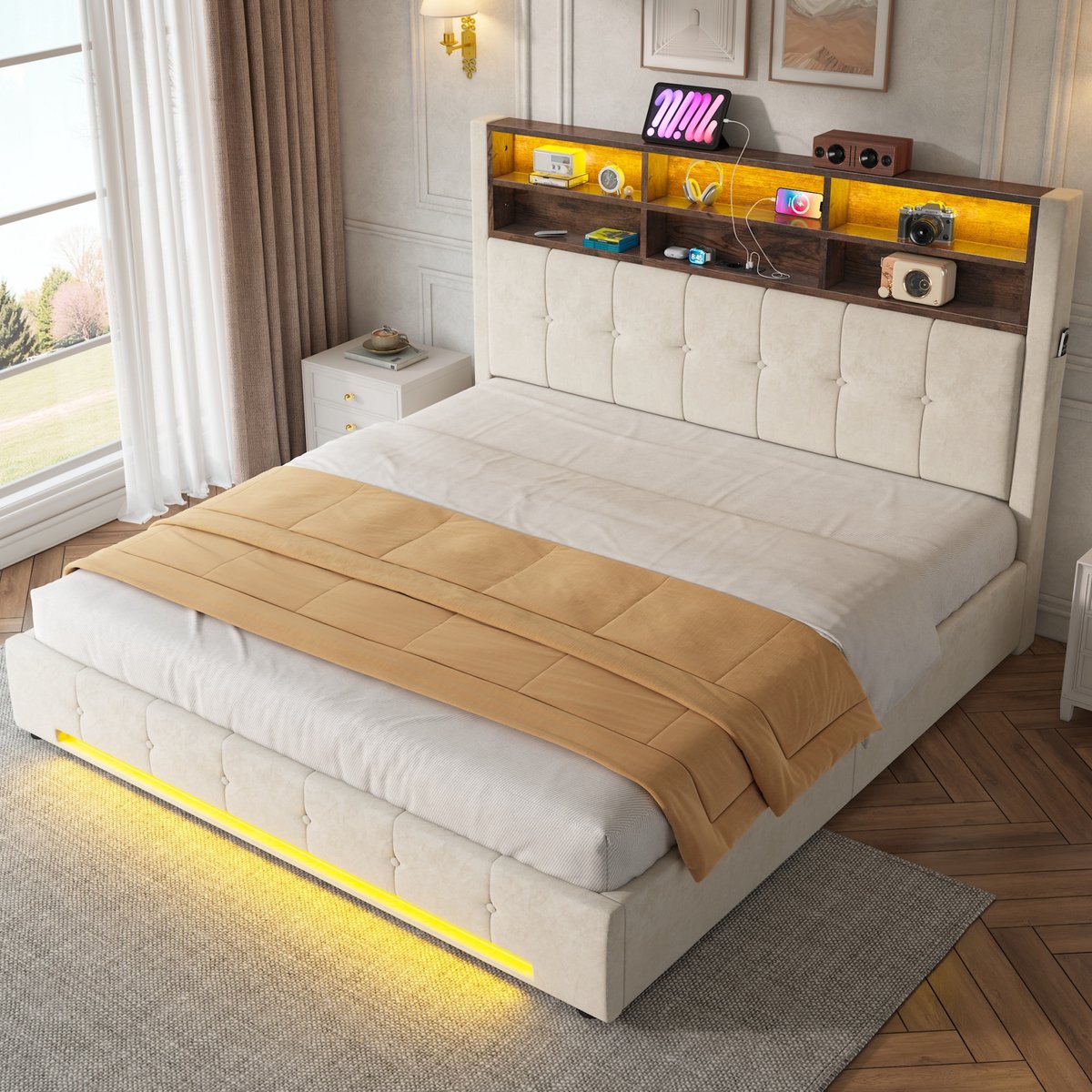 Gestoffeerd Bed 180x200 cm - Tweepersoonsbed Met 6 Vakken, USB-C en LED - Met Opbergruimte - Zonder Matras - Stof Metaal - Beige