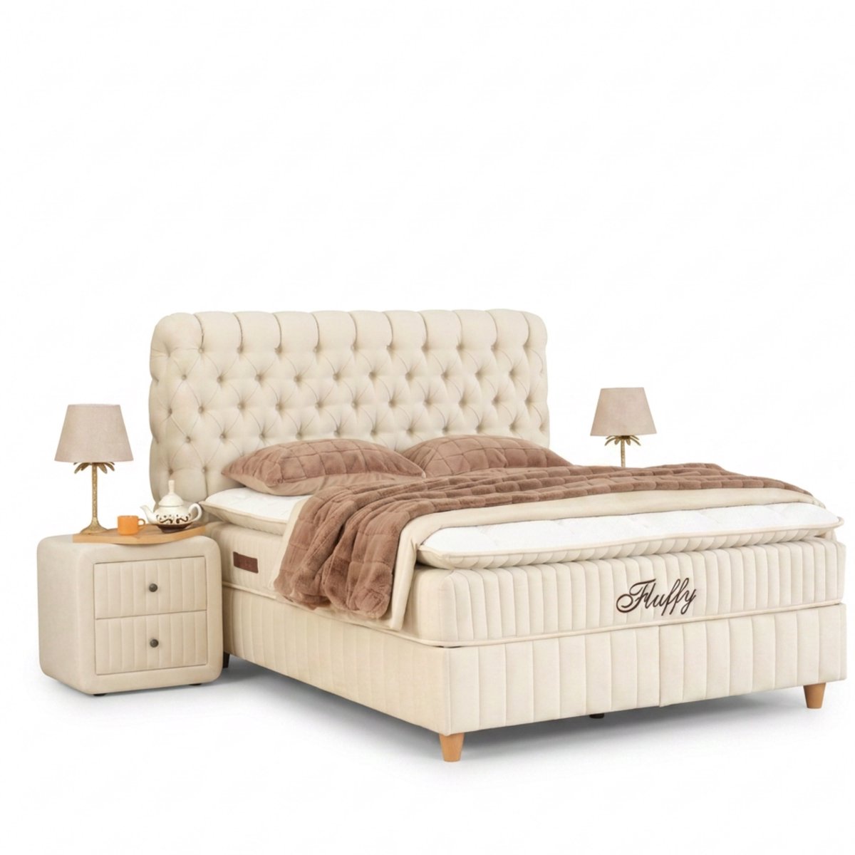 PointHome Comfort - Boxspring - Inclusief Dekbed - Boxspring met Opbergruimte - Met Nachtkastjes - Matras met topper - 180x200 - Beige