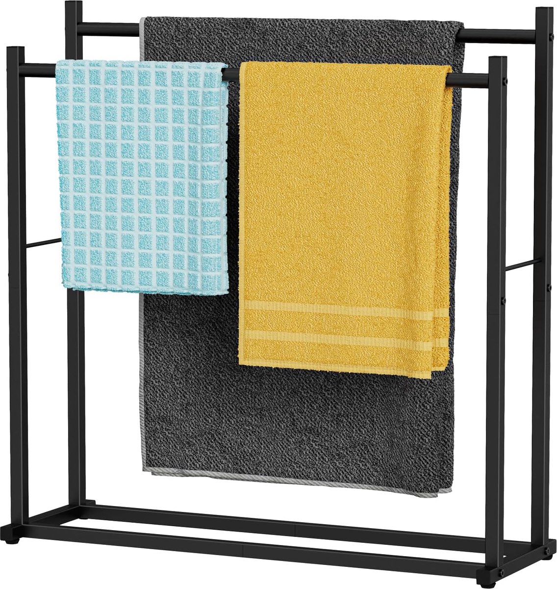 SnelShoppen - Freestanding Towel Rack 2 Laags - Zwart - Handdoek Droogrek voor Badkamers, Zwembaden en Wasruimtes - Extra Grote Handdoeken, Hygienisch
