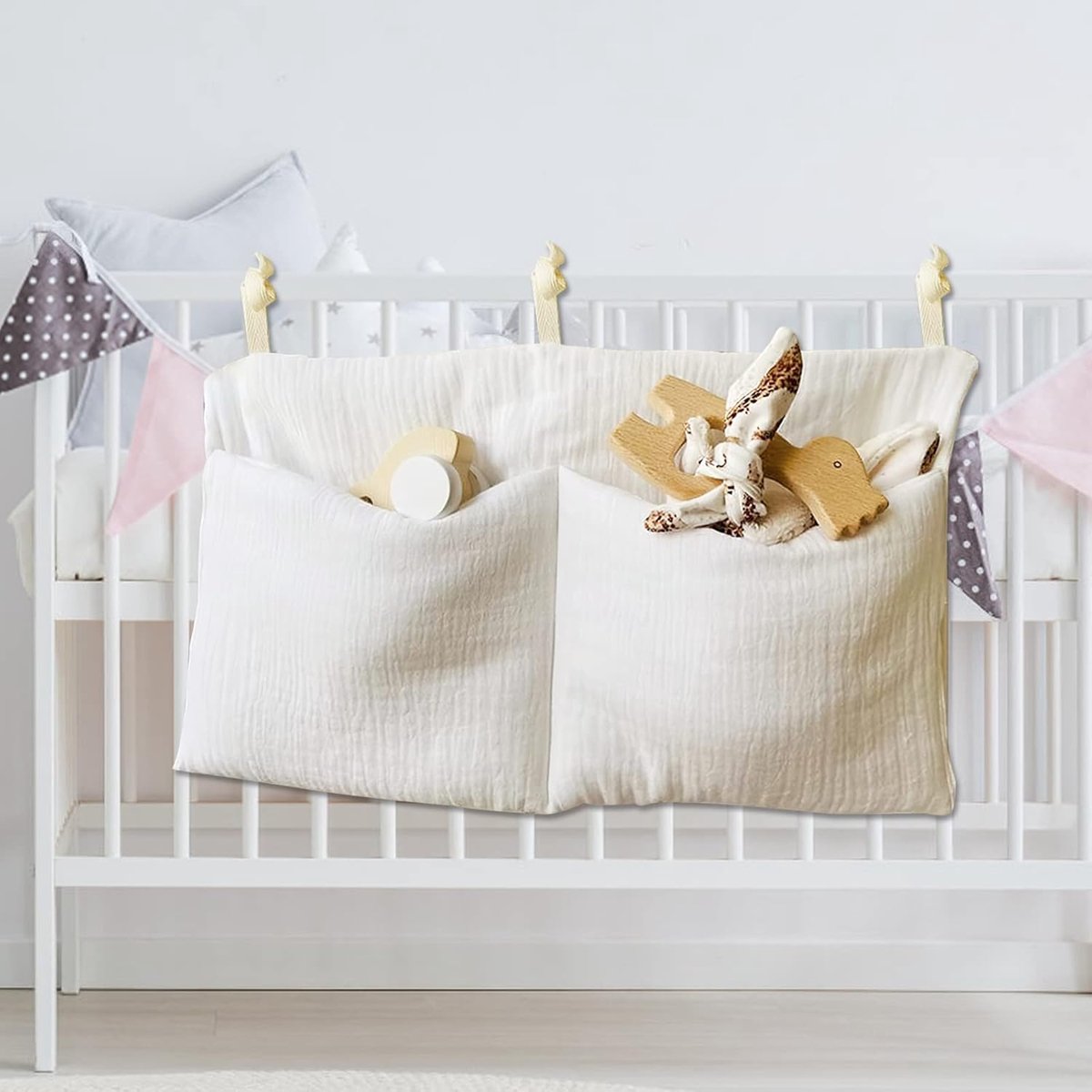 SnelShoppen - 2-in-1 Kinderkamer Hangen Bed Organizer, Baby Diaper Caddy, Organiser voor Speelgoed, Wit, Hoogwaardige Katoen, Babybed Tas voor Luiers