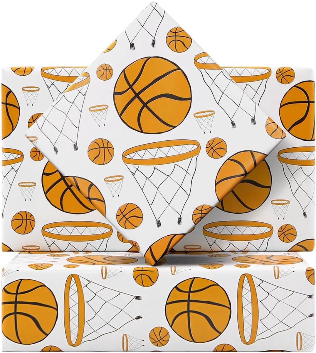 SnelShoppen - Basketball Cadeaupapier voor Mannen en Vrouwen, Grote en Kleine Basketbal/Hoepel Patronen op Witte Kunst Papier - Sportthema Ontwerp voo