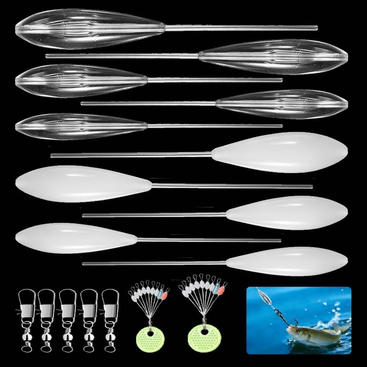SnelShoppen - Sbirolino Set van 18 Stuks - 5x Drijvende en 5x Zinkende Sbirolino's (6g, 8g, 10g, 15g, 20g) voor Vissen - Inclusief 5 Triple Swivels en