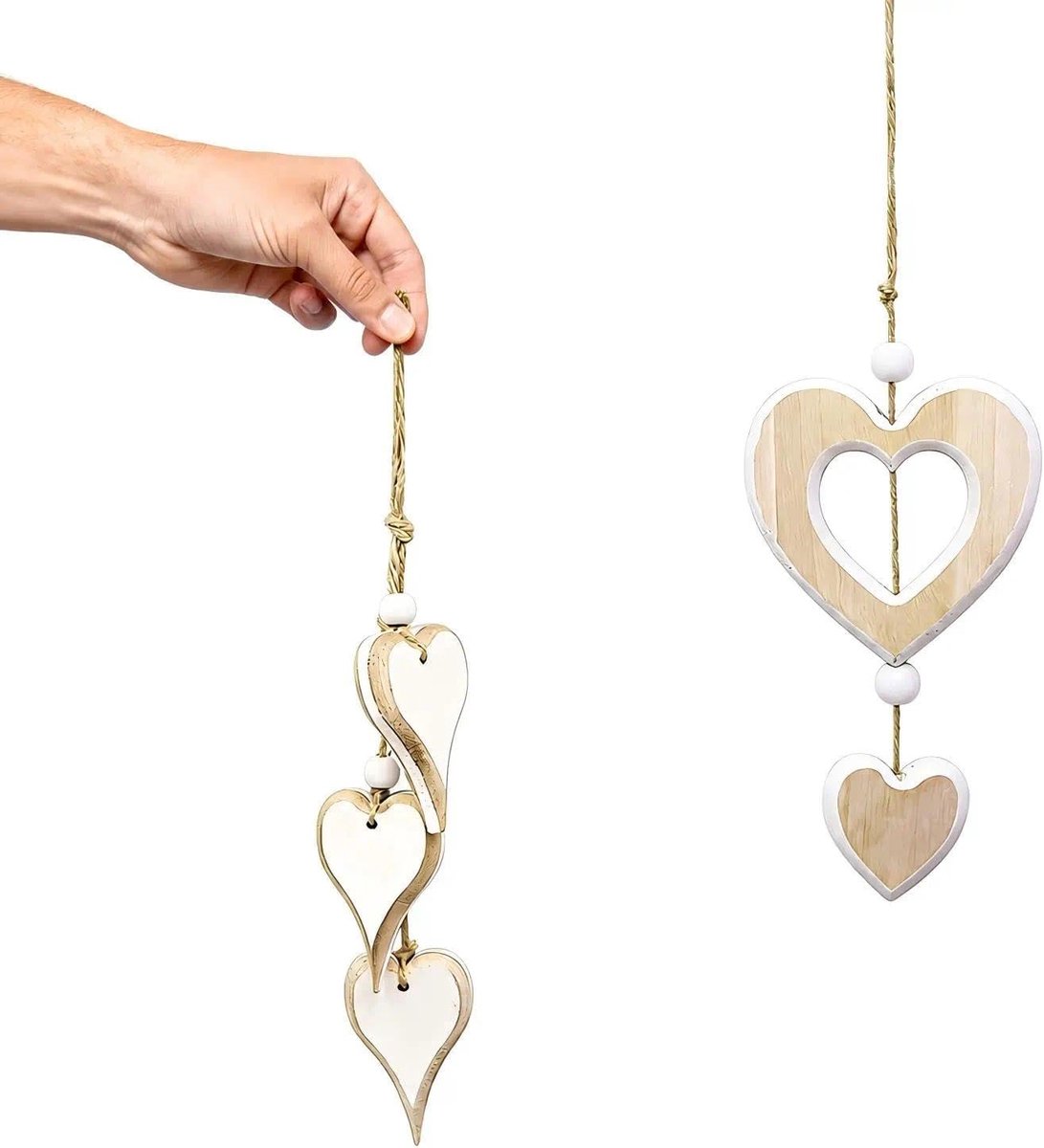 SnelShoppen - 2 Stuks Hangende Raamdecoratie Hartvorm Houten Harten met Jute Koord - Raamdecoratie voor Ramen, Balkons en Deuren - Nostalgische en Mod