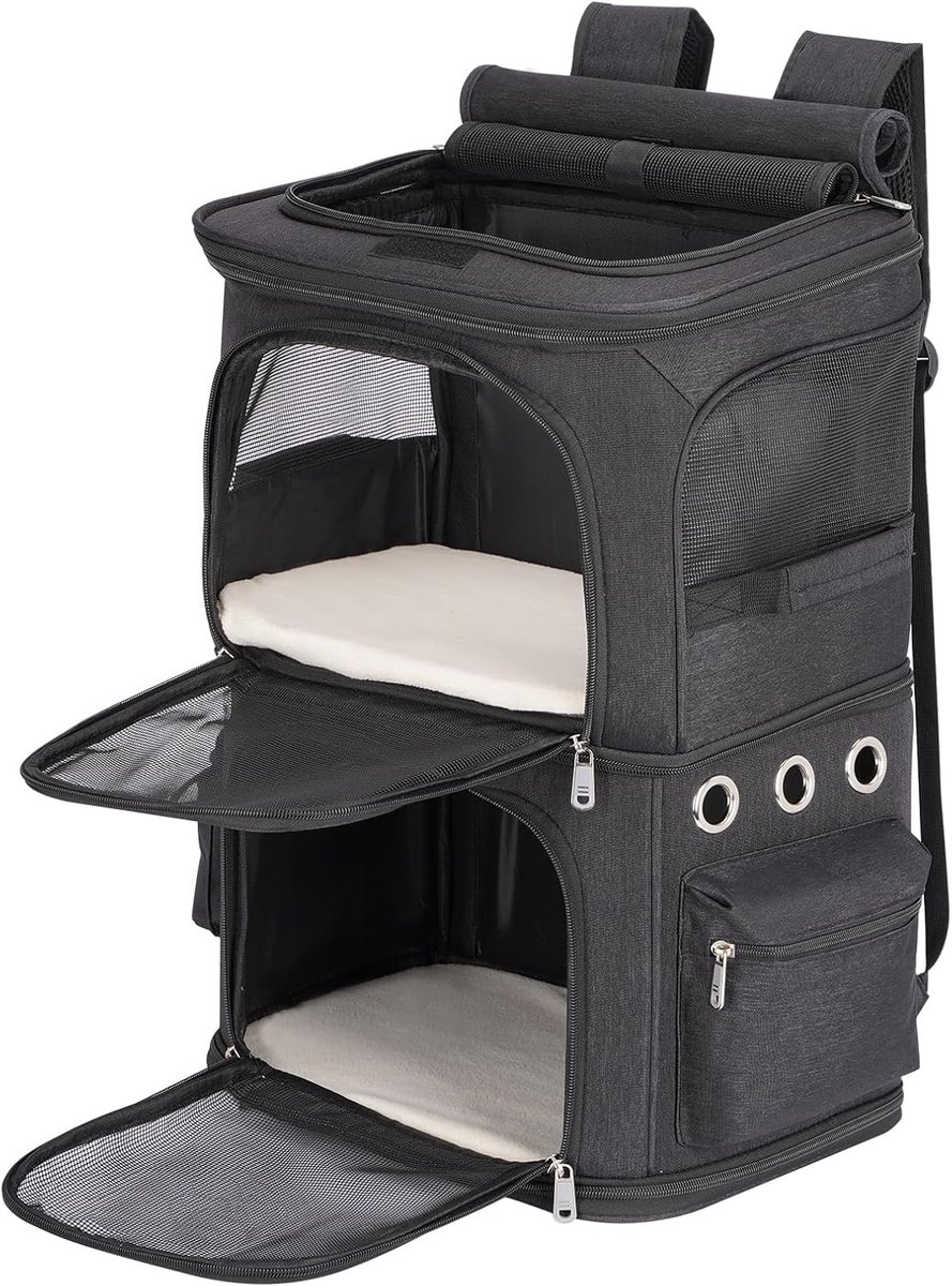 SnelShoppen - Double Compartment Rugzak Dieren Transporttas voor 2 Katten, Kleine Honden en Konijnen, Perfect voor Reis/Hiking/Camping, Zwart