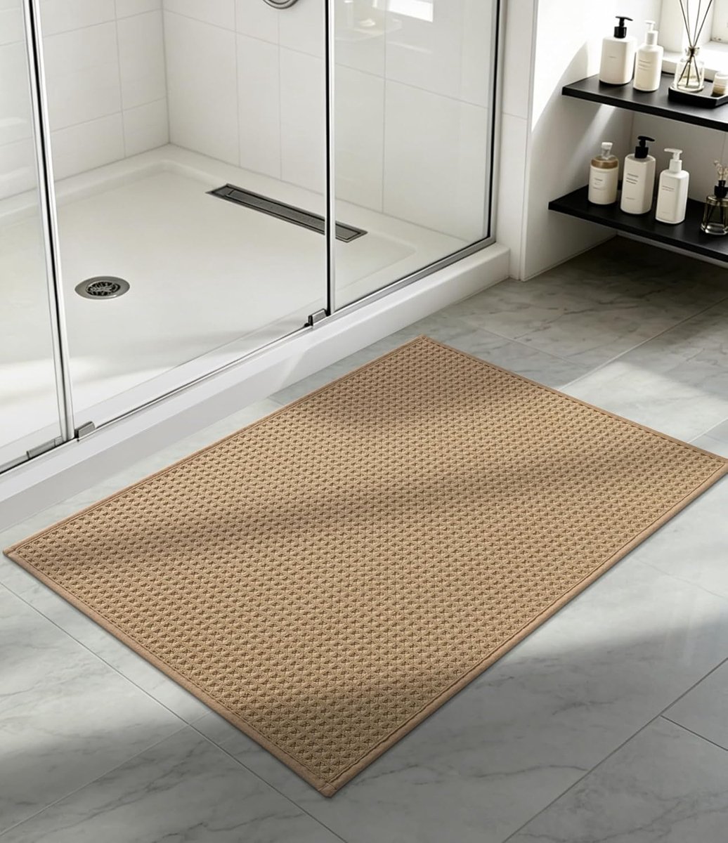 SnelShoppen - Badkamertapijt 60 x 90 cm, Wafelbadmat Antislip, Wasbaar, Absorberend, Zacht, Kaki, Badmat voor Badkamer, Douche, Toilet