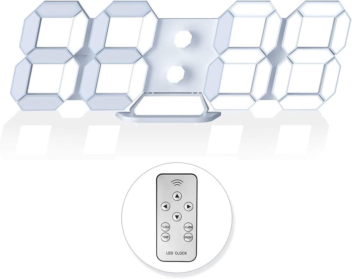 SnelShoppen - 3D LED Digitale Wandklok Bureau Alarmklok met Afstandsbediening voor Keuken, Slaapkamer, Kantoor - 9.7 inch LED Nachtlicht Decor Klok me