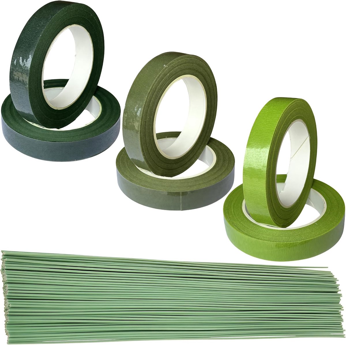 SnelShoppen - Set Bloemdraad Stokjes & Bloemenbinders, 200 Stuks Groene Bloemdraad 30cm + 6 Rollen Bloemenbindband voor Boeketten, Knutselen, Feestdec