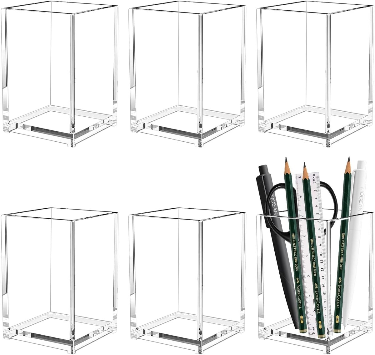 SnelShoppen - 6 Pcs Pen Holders Acryl Transparant Organizer 6.5x6.5x10cm, Vierkante Make-up Borstelhouder, Transparante Potloodhouder voor School, Thu