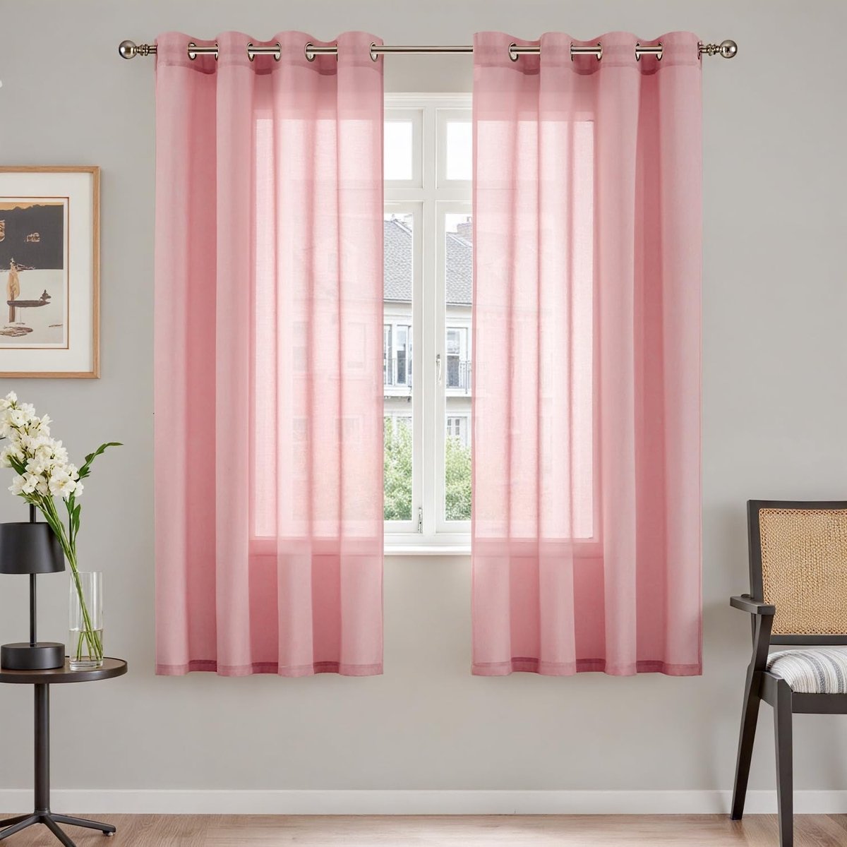 Transparante gordijnen met oogjes voor woonkamer en slaapkamer, 175 x 140 cm, linnen look, roze raamdecoratie, stijlvolle gordijnen
