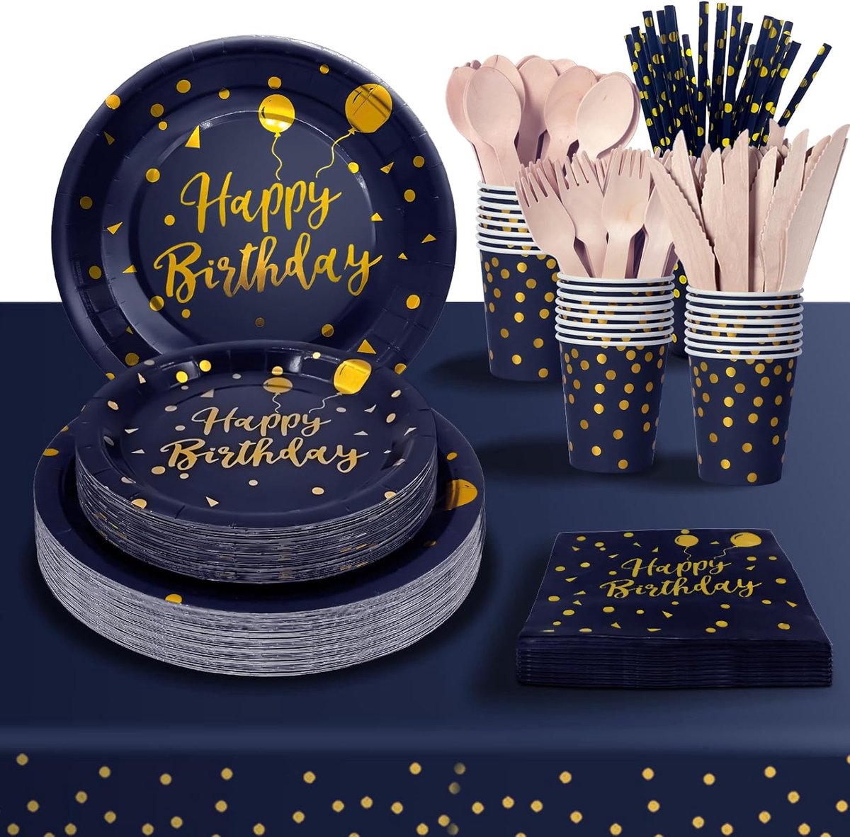 SnelShoppen - Party Paper Plates 193 Pcs Donkerblauw Goud Happy Birthday Thema Kinderen Verjaardagsdecoratie Set met Papieren Bordjes, Servetten, Beke