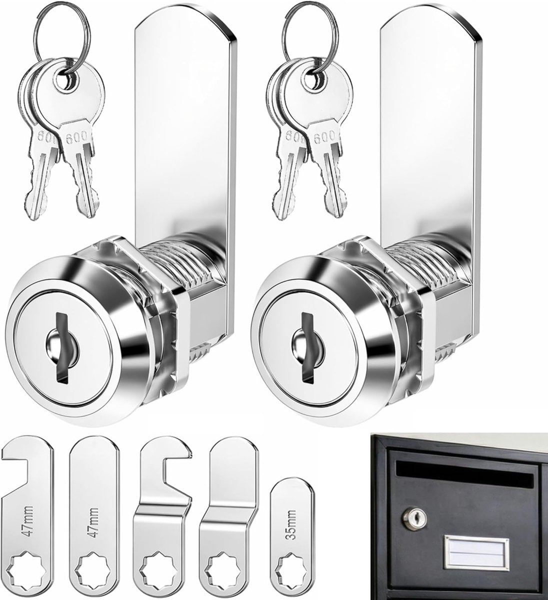 SnelShoppen - Universele Briefkast Slot 16 mm met 2 Sleutels en 5 Verschillende Sluitplaten, Diameter 18 mm, Stevig en Veilig voor Briefkasten, Kasten