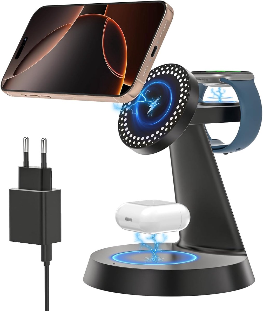 SnelShoppen - 3-in-1 Draadloos Oplaadstation voor Magnetische 15W Snellader, Draagbare Oplaadstandaard voor iPhone 16/15/14/13/12, AirPods Pro 4 3 2 e