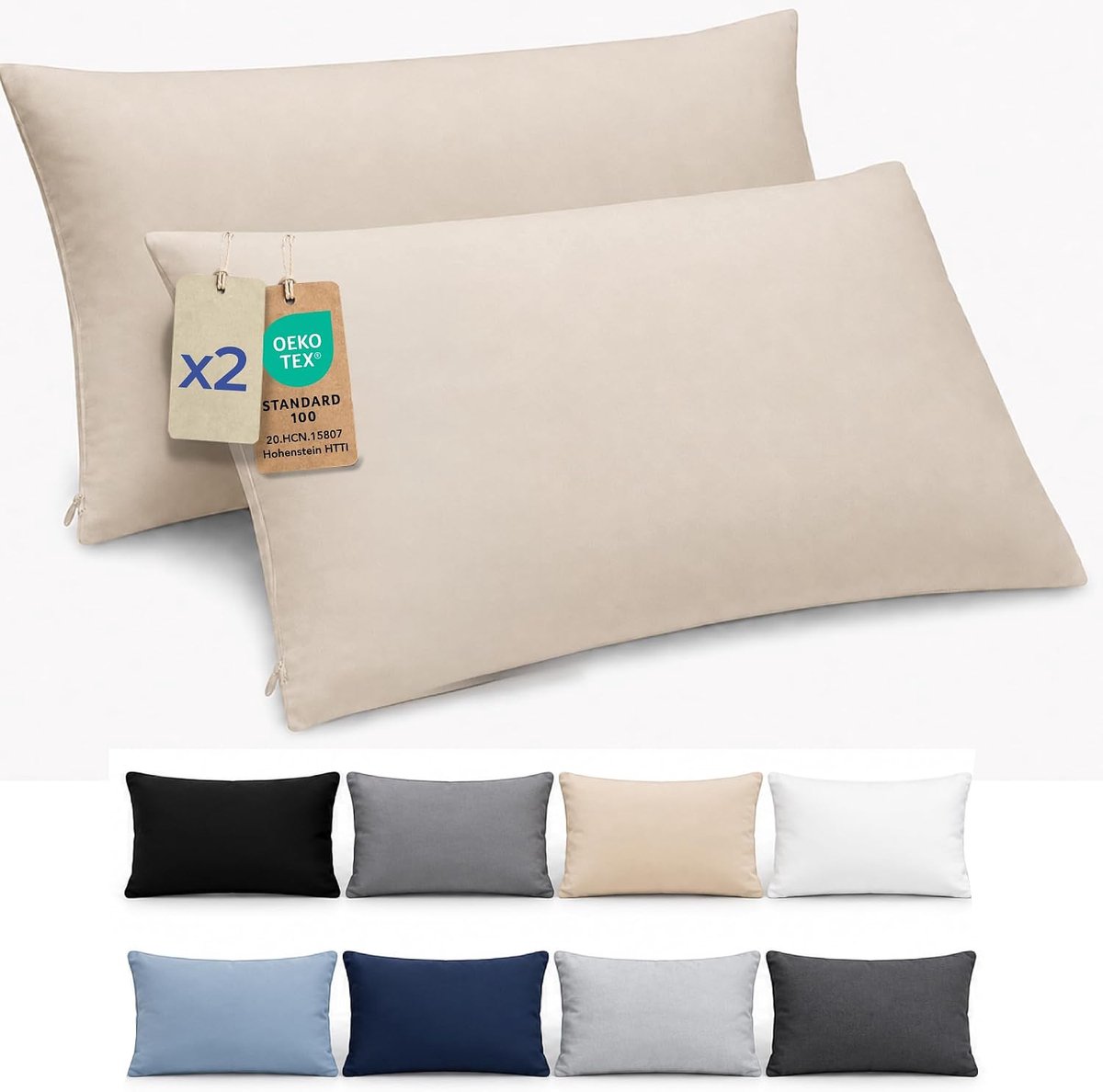 Thijox - Kussensloop 40x80 cm Set van 2 - Beige Microvezel Kussenslopen met Ritssluiting - Zacht en Comfortabel voor Slaapkamer, Oeko-Tex Gecertificee