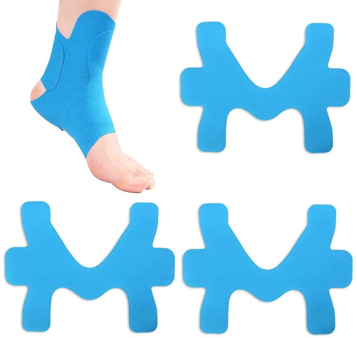 Voorgesneden kinesiotape voor enkelbandage, sportondersteuning bij verstuikingen, 3 stuks, blauw, pijnverlichting, herstel, stabiliteit