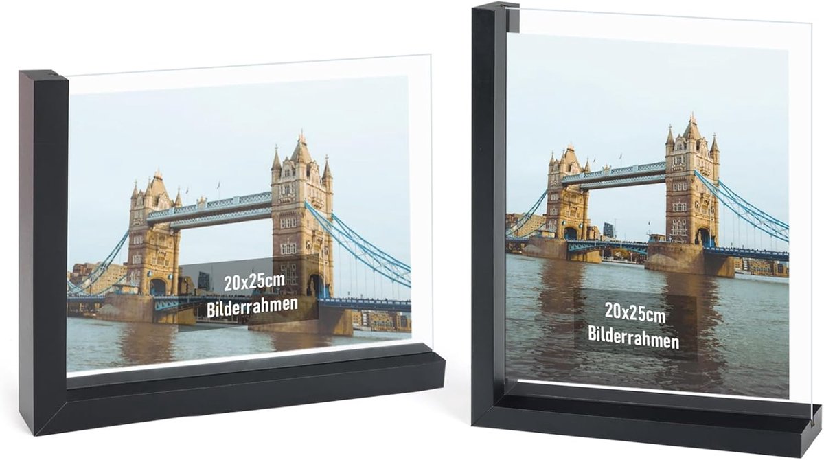 SnelShoppen - Set van 2 L-vormige Foto Frames 20 x 25 cm MDF met Dubbelzijdig Onbreekbaar Gehard Glas, Vintage Zwart voor Thuis, Feest en Decoratie