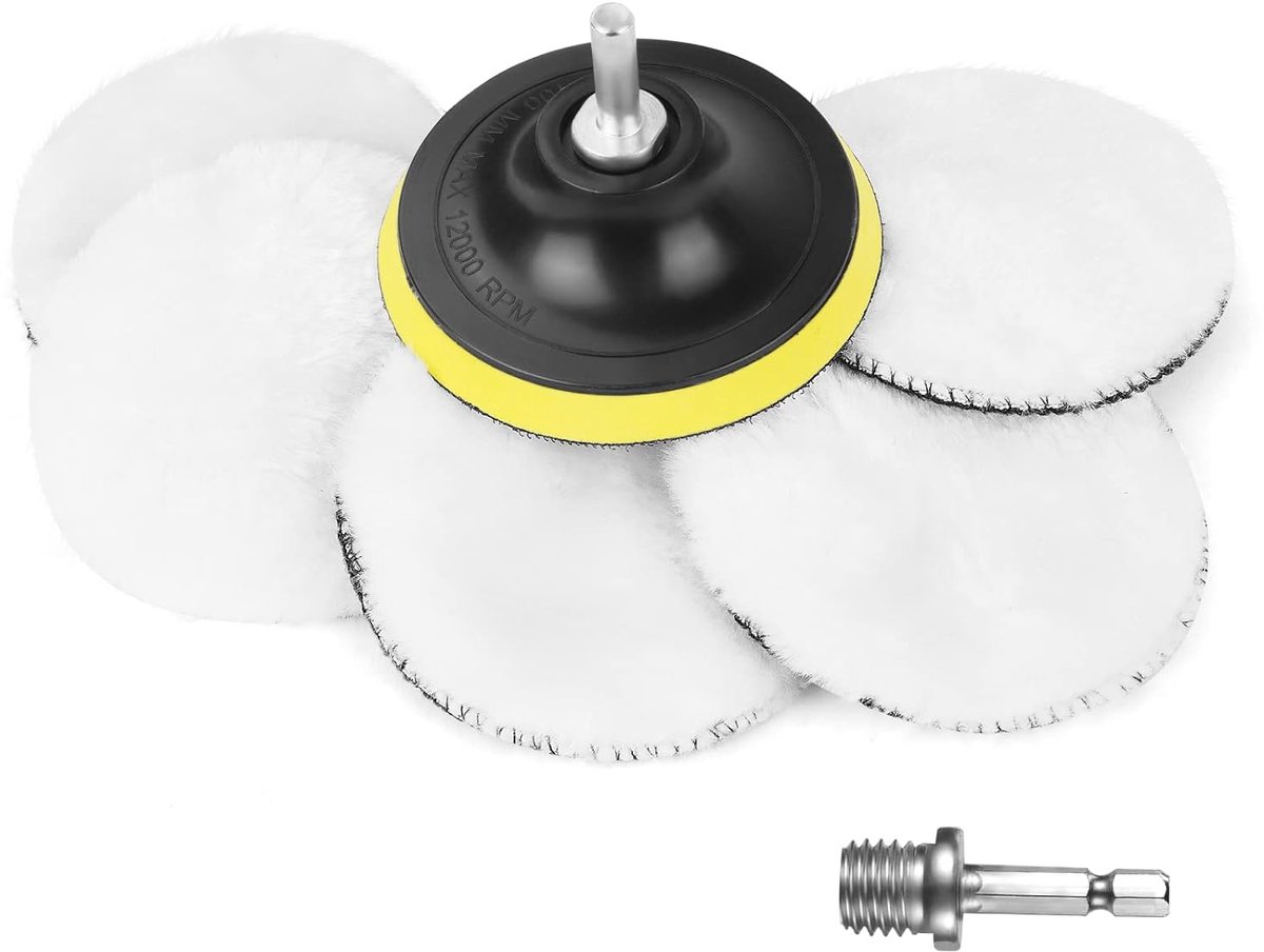 SnelShoppen - Wool Polishing Pad Set 5 Stuks 100 mm Polijstschijven met 2 M10 Booradapter en 1 Zuignap - Polijstset voor Auto, Tuin en Meer