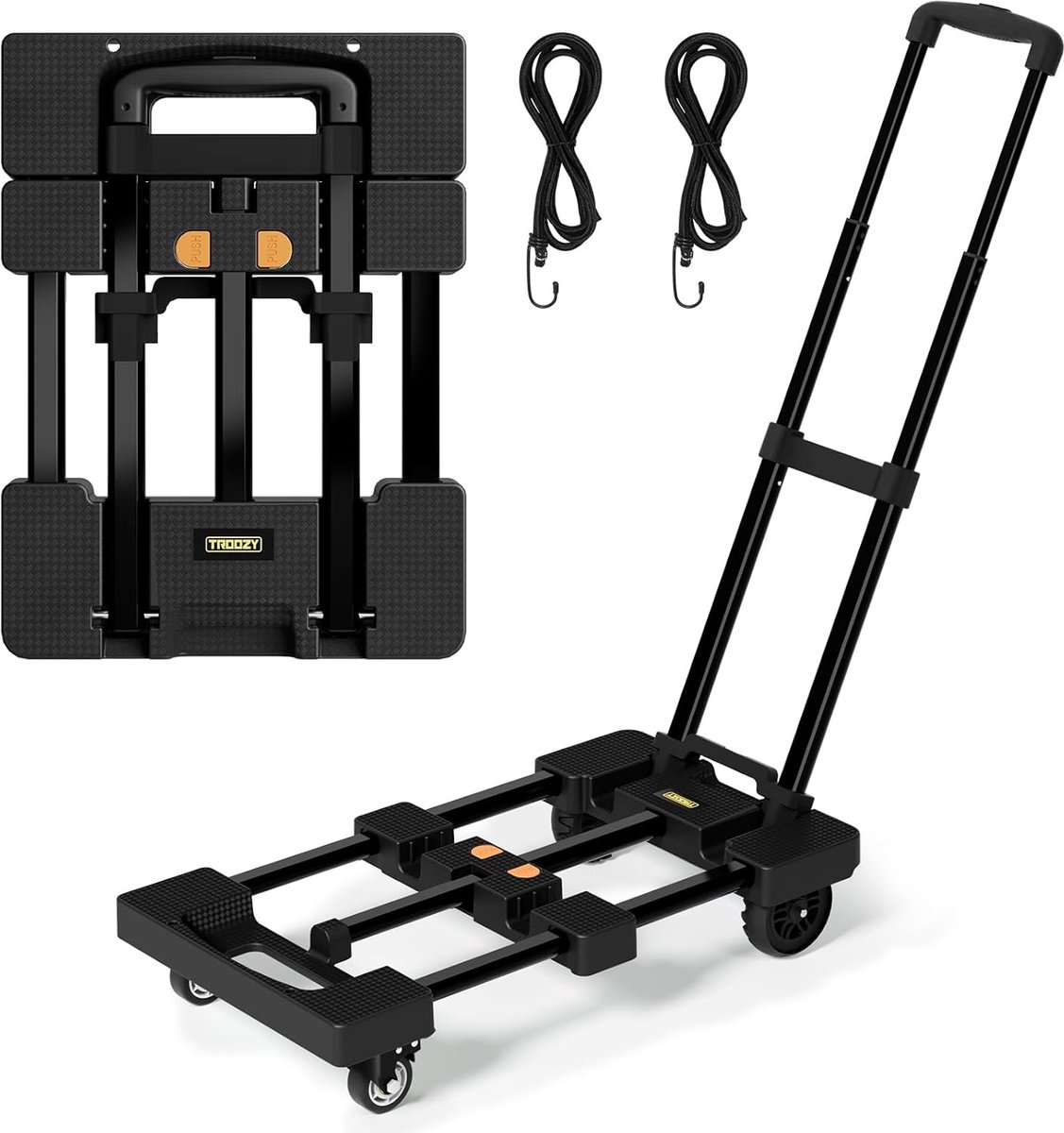 SnelShoppen - Vouwbare Handtruck Dolly Cart met 6 Wielen (2 met Rem) & 2 Elastische Straps, 500lbs Zware Trolley voor Verhuizen, Bagage, Tuinplanten,