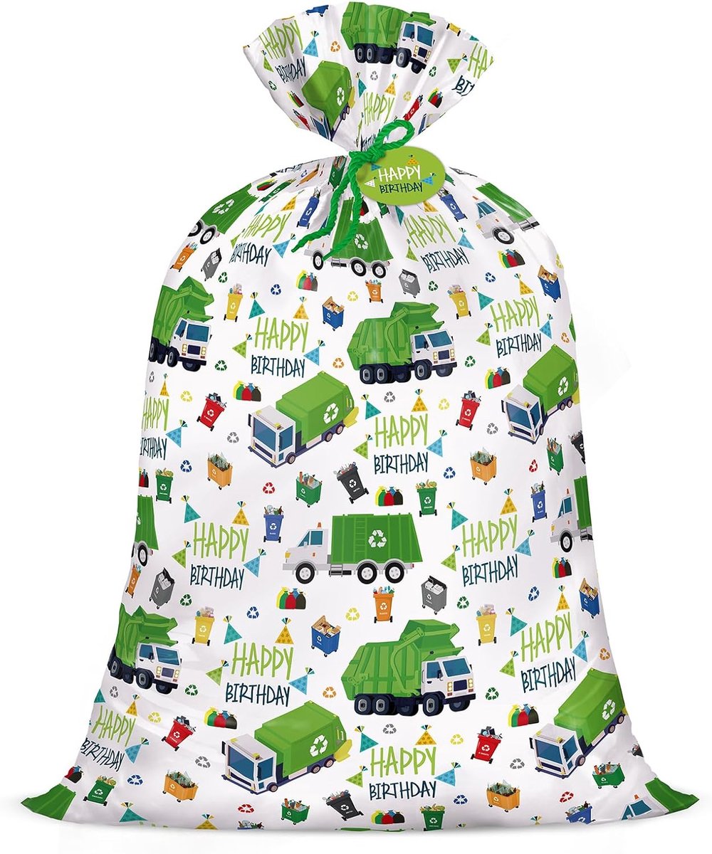 SnelShoppen - Cadeautas Kunststof Jumbo Vrachtwagen 142 x 91 cm - Verjaardag, Babyshower, Autoliefhebbers - Groen met Vuilniswagens en Vuilnisbakken -
